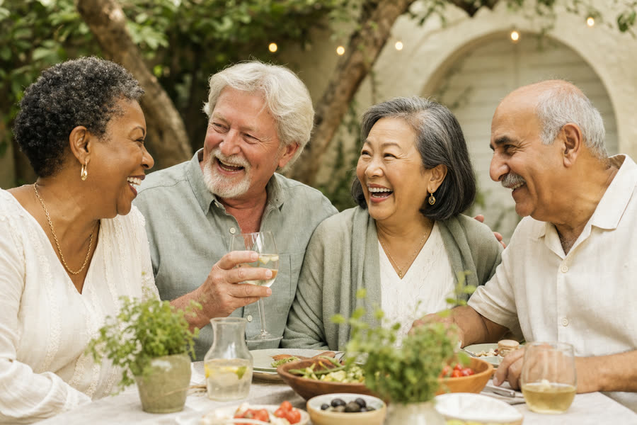 A diverse group of friends in their sixties and seventies laughing together around a table