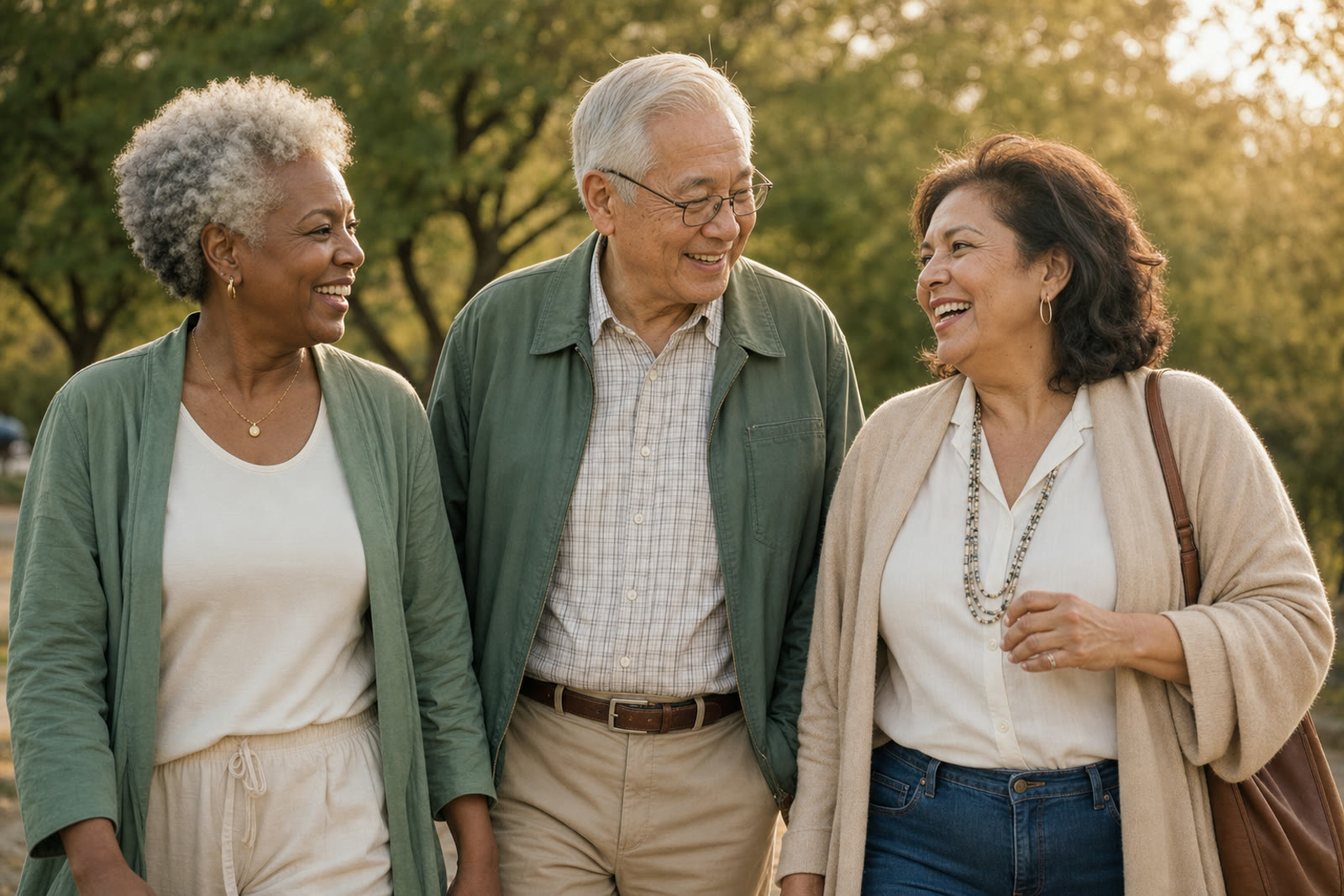 Three friends in their sixties and seventies of different backgrounds walking and laughing together outdoors