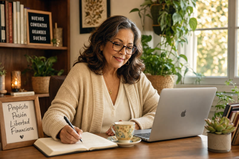 A woman in her early sixties working at a cozy home desk with a laptop