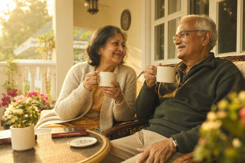 A couple enjoying morning coffee together on a porch at sunrise